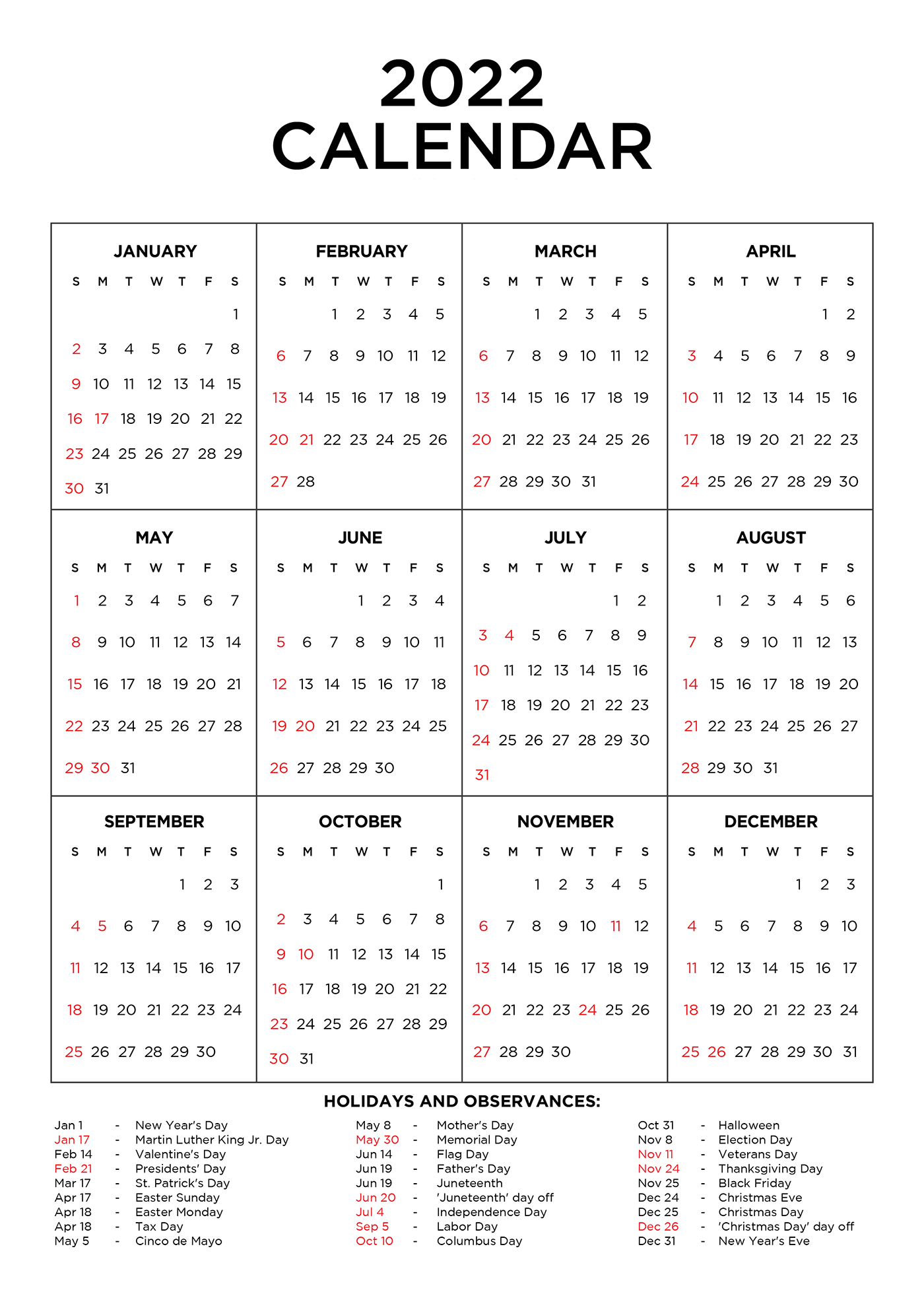 2022 Calendar Printable with Holidays